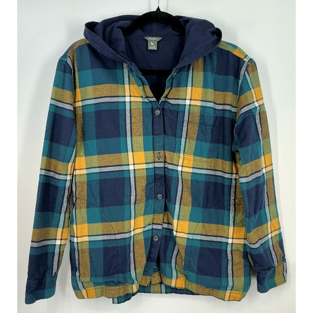 Eddie Bauer Hooded Plaid Button Up Shirt M Blue Green Grunge Gorpcore Cabincore
